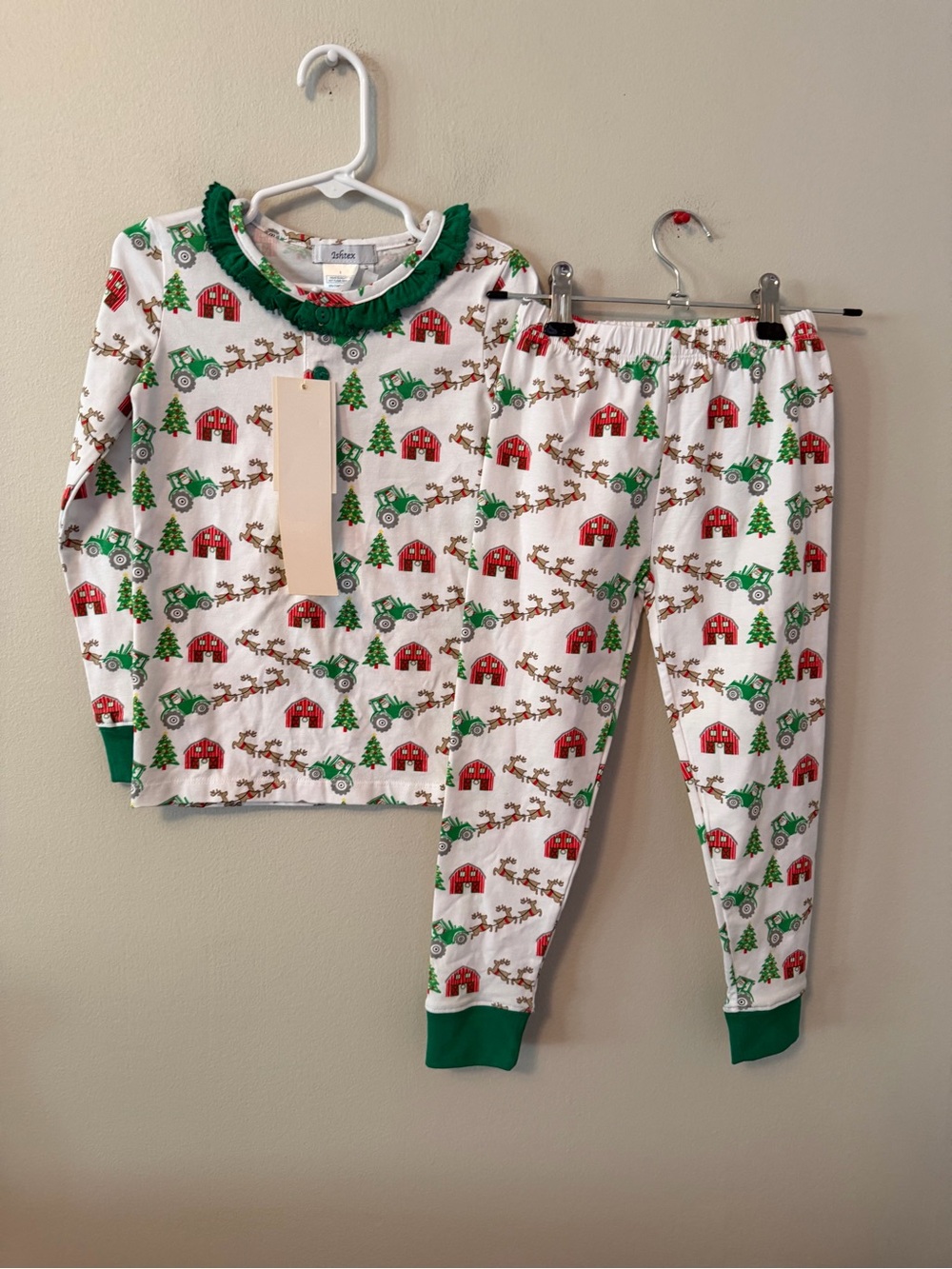 Ishtex Green Trim Holiday Tractor Pajama Set